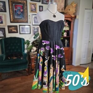 Vintage 50s Kent Hand Painted Mexican Sequin Midi Strapless Circle Skirt Dress